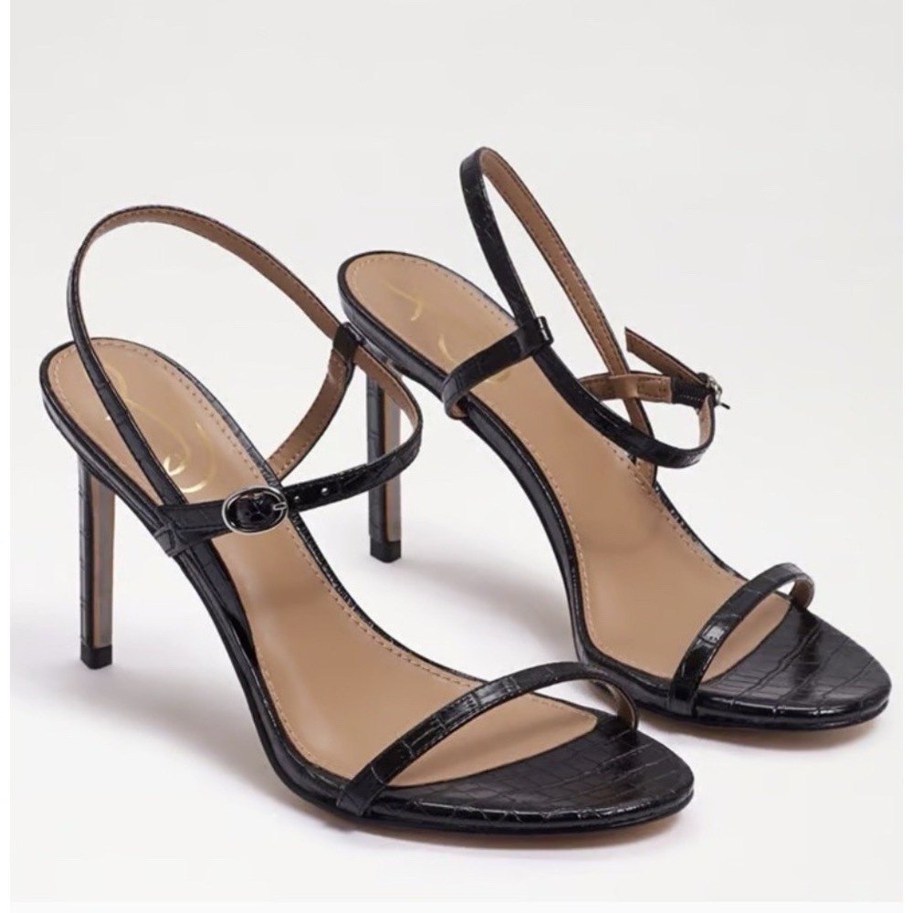 Sam Edelman Doran Black Croc Embossed Ankle Strap Heels Sandals Stiletto Size 7